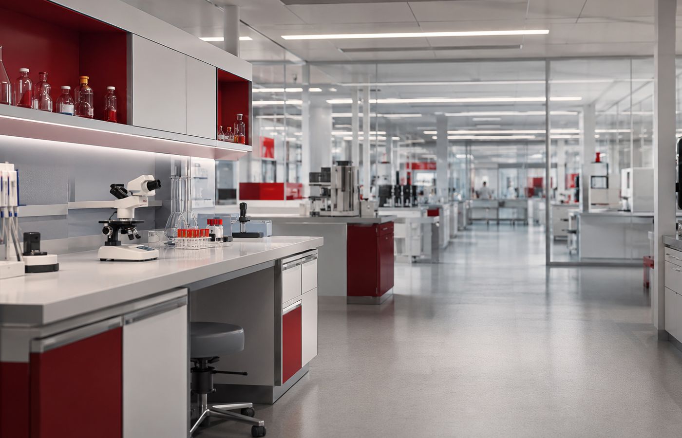 Ambiente laboratorial em expansão representando o crescimento do laboratório e a necessidade de uma gestão estruturada